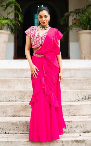 Fuchsia Ruffle Ready To Wear Saree